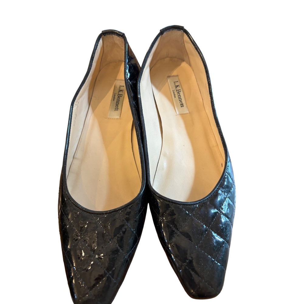 LK‎ Bennett Black Quilted Patent Leather Pointed Toe Flats 5032 724 Size 36